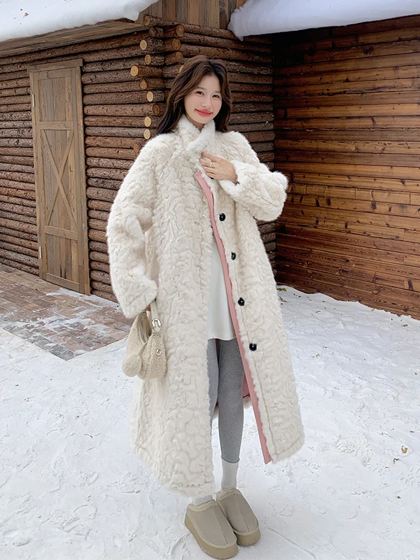 Rosa Doppelseitiger Lammfell-Mantel für Damen, Langer Herbst-Winter-Mantel, Neues Design, Warme Dicke Leder-Pelzjacke