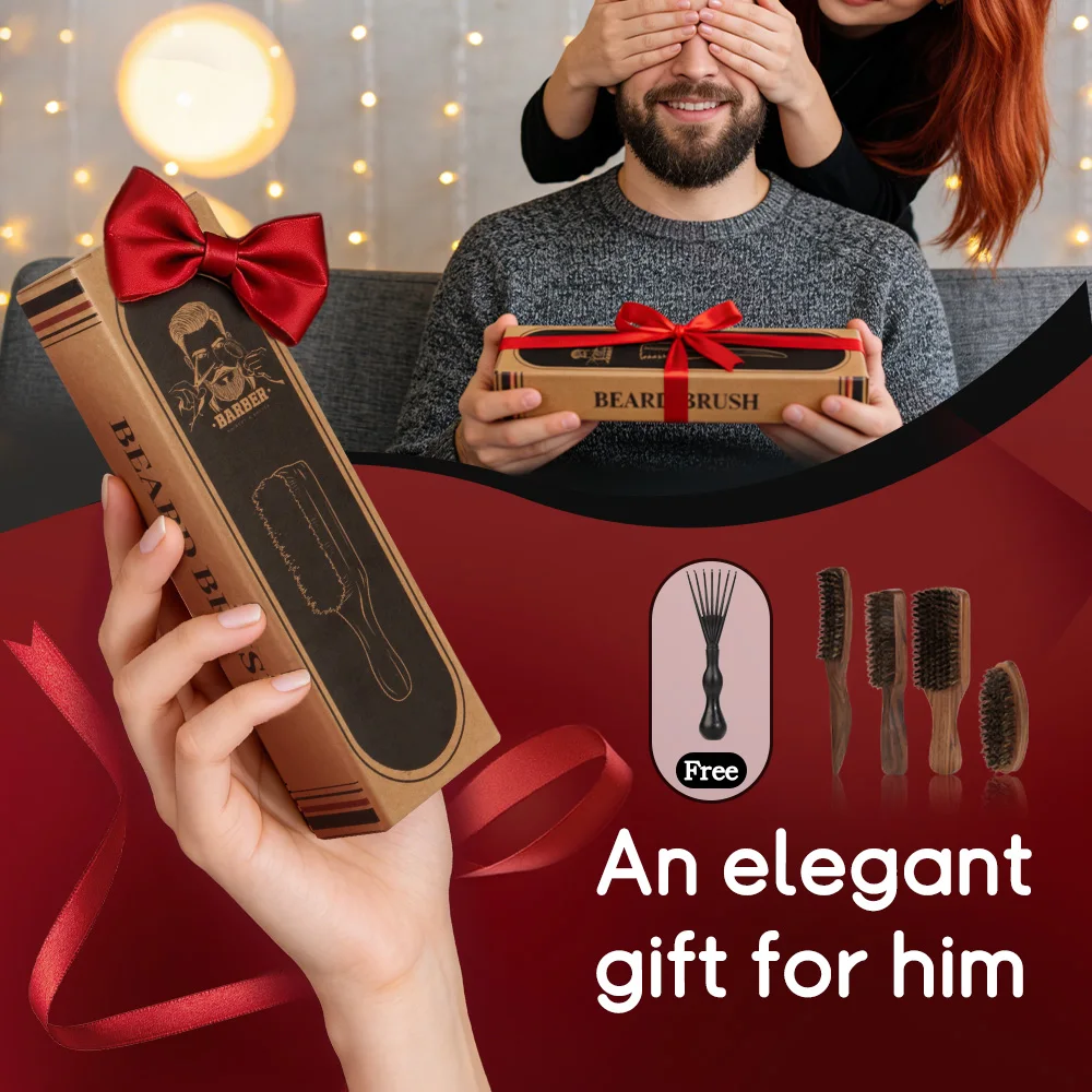 2Pcs Men's Boar Bristle Beard Brush Set with Wooden Handle, Includes Brush Cleaning Tool, for Beard Styling and Hair Care, Holiday Gift