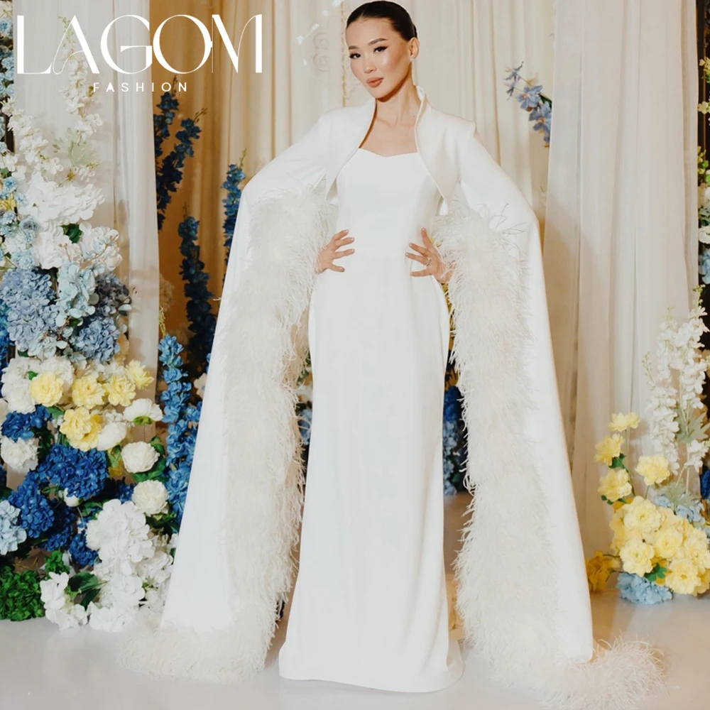 Lagom Elegant 2Pcs White Feather Long Cape Luxury Straight Satin Floor Length Modest Wedding Dress Vestidos De Novia Customize
