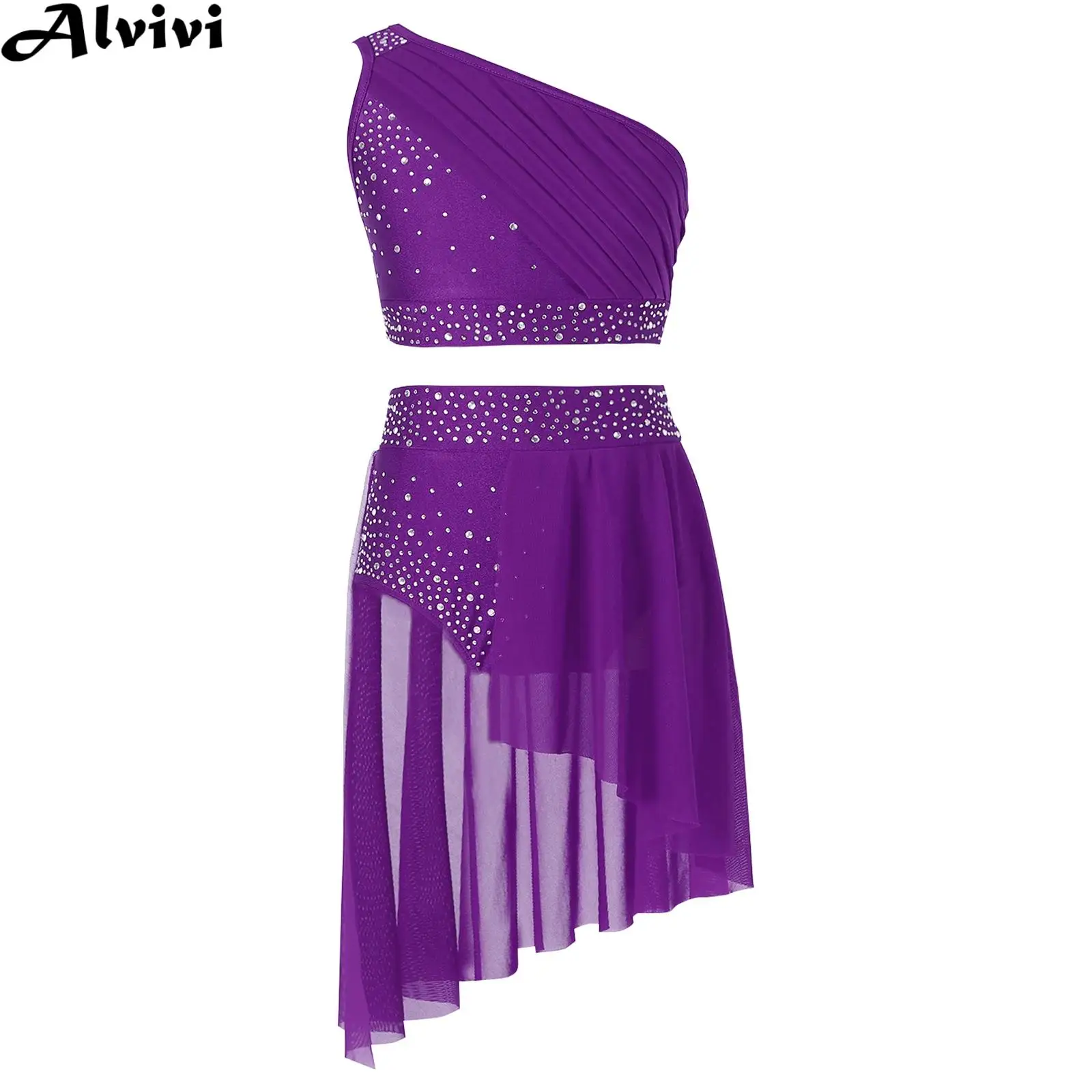 

Kids Girl Lyrical Dance Performance Outfit Shiny Rhinestone Crop Top with Leotard Skirt for Figure Skating Gymnastics Acrobatics