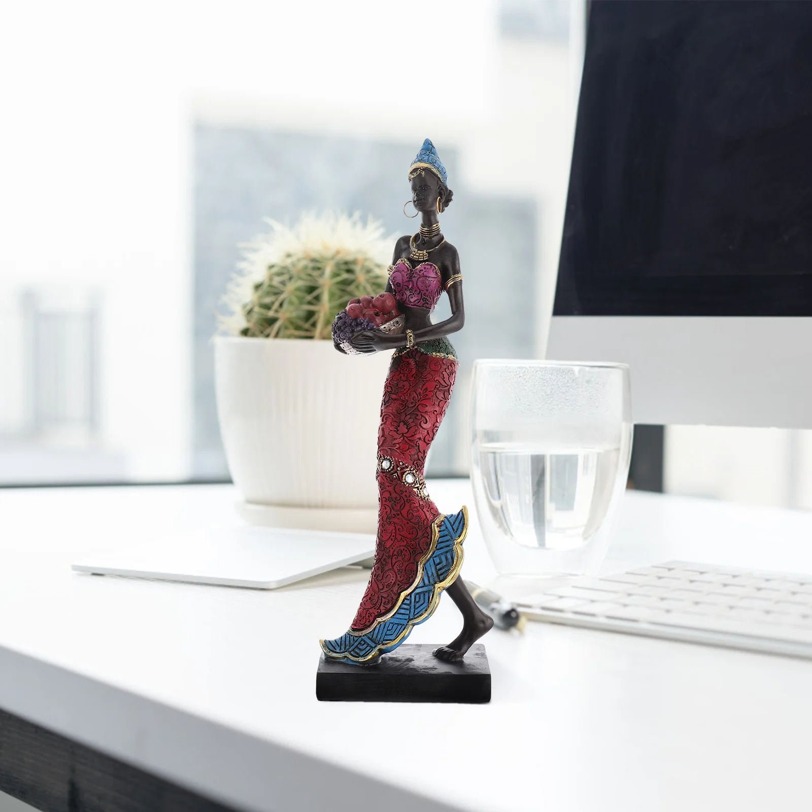 

African Women Creative Resin Statue Home Office Desk Ornament Ethnic Style Synthetic Resin Craftwork Artistic Blue Hat