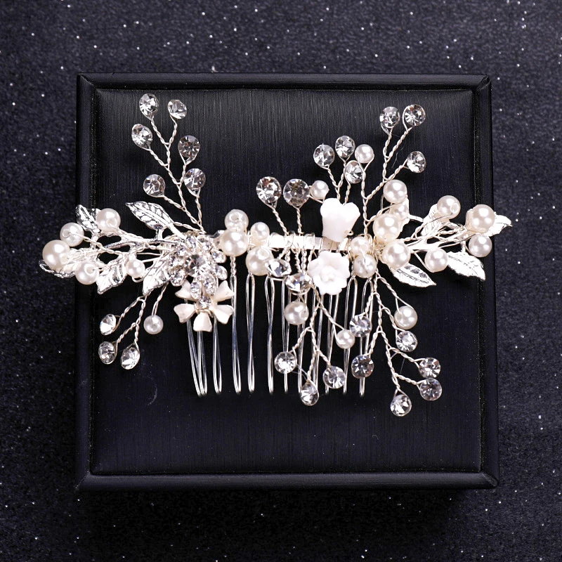 Silver Color Flower Pearl Crystal Wedding Hair Comb Hairpin Headband For Bride Women Wedding Hair Accessories Jewelry Tiara Gift