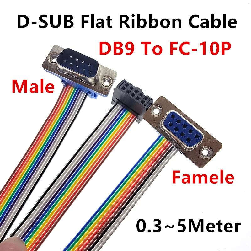 D-Sub DB9 9 Pin Male Famele Connector To FC-10P IDC Female 2.54mm 10 Pin Rainbow / Multicolor Flat Ribbon Cable