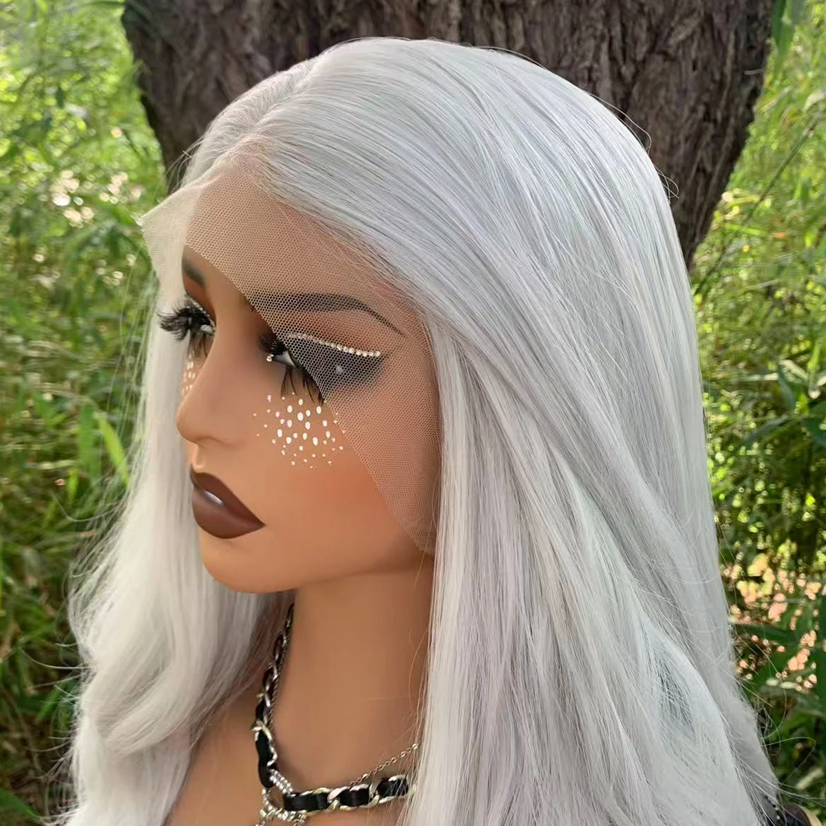 Silver Gray Synthetic Lace Front Wig for Women 26inch Body Wave 13×4 Glueless Lace Front Wig Natural Curly Synthetic Wig