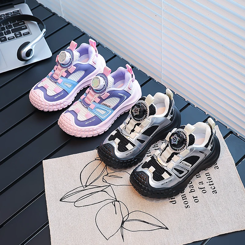 Kids Tennis Shoes Mesh Breathable Children Casual Shoes Rotating Button Soft Sole 2025 Autumn Boys Girls Sports Shoes Non-slip