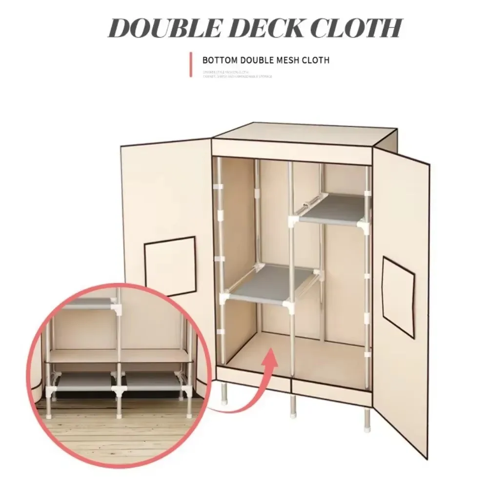 Double door folding simple cloth wardrobe thickened 19mm steel pipe single person storage wardrobe, Assembly closet for clothes