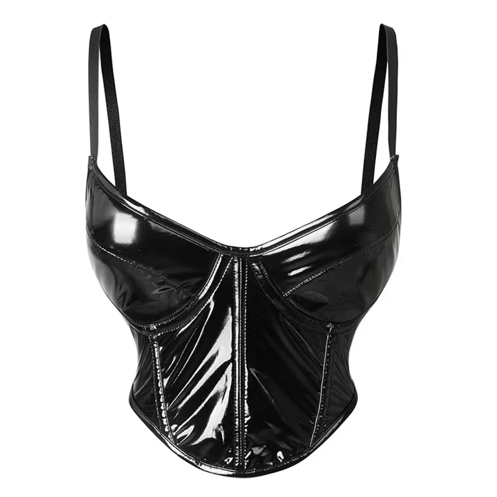 

Woman Black PU Leather Corset Crop TopS Sexy Spaghetti Strap Rear Zipper Bustier Vest Gothic Slimming Shaping Bra Corselet