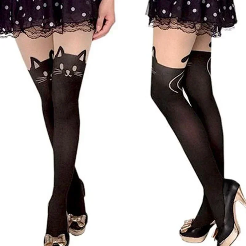 Cute Cartoon Cat Summer Pattern Stockings Over The Knee High Socks Cat Tail Print Women\'s Thermal Sock Accessories Creative Gift