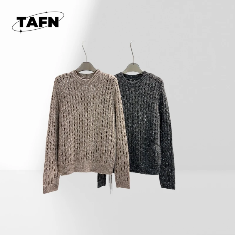 

Round Neck Hollow-out Knitted Sweater Versatile Ribbed Knit Sweater for Women, Perfect for Everyday Wear AI0950
