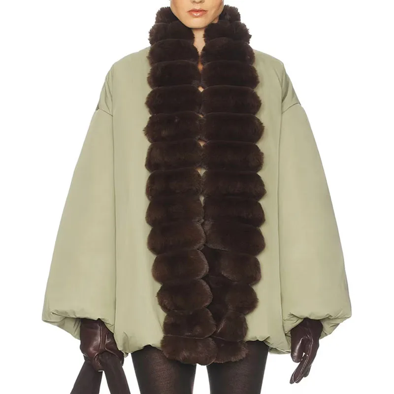 Women's Faux Fur Collar Patchwork Mid-Length Coat Casual Oversized Tie-Front Quilted Jacket Warm Winter Coat 2025 Winter New y2k