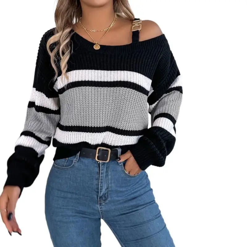 Women's Casual Striped Knitted Pullover Sweater Long Puff Sleeve Metal Buckle Cold Shoulder Loose Jumper Top