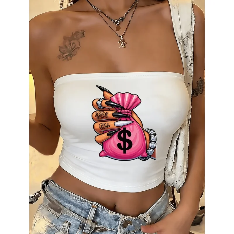 Spring and SummerY2KStyle Women's strapless top with a dollar sign print Trendy, sexy strapless top
