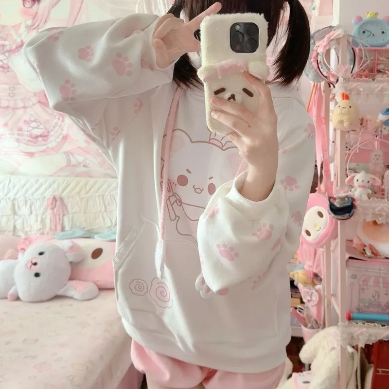 سترة بغطاء للرأس على شكل حيوان كاواي مع ديكور على شكل مخلب قطة، بلوفرات Y2K جميلة وقلنسوة للفتيات، ملابس عصرية كبيرة الحجم مطبوعة برسوم الرسوم المتحركة #5