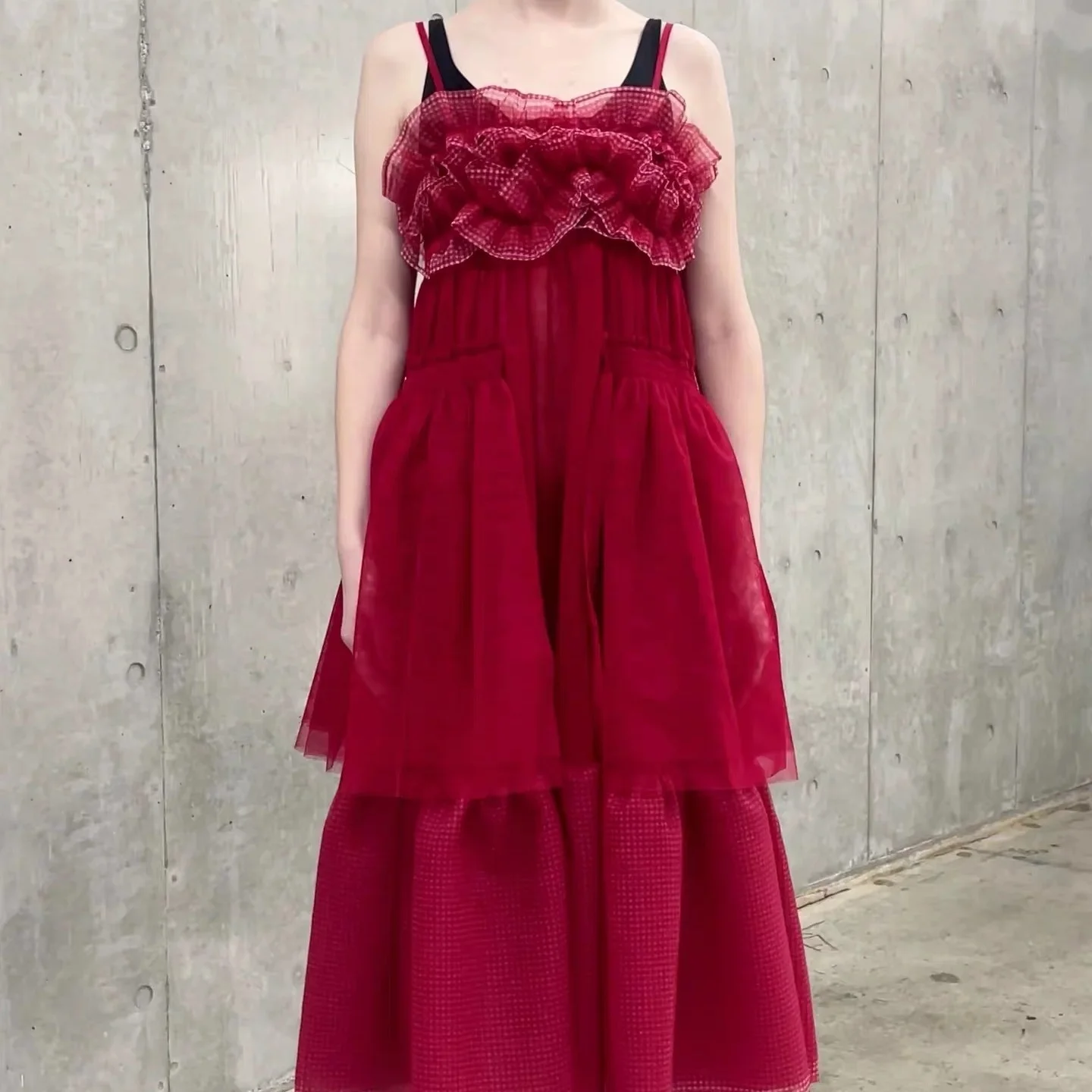 Red Heavy Work Embellished Multi-Layer Tulle Princess Style High Waist A-Line Dress for Women Folded Skirt Casual Wear