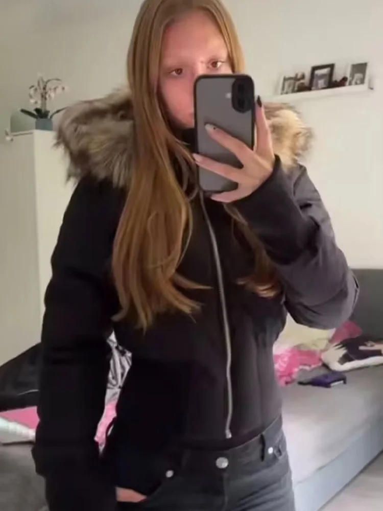 เสื้อโค้ทผู้หญิงฤดูหนาว ผ้าฝ้าย แขนยาว ซิป ปกขนเทียม ทรงเข้ารูป สั้น แฟชั่นลำลอง สไตล์สตรีท มีฮู้ด