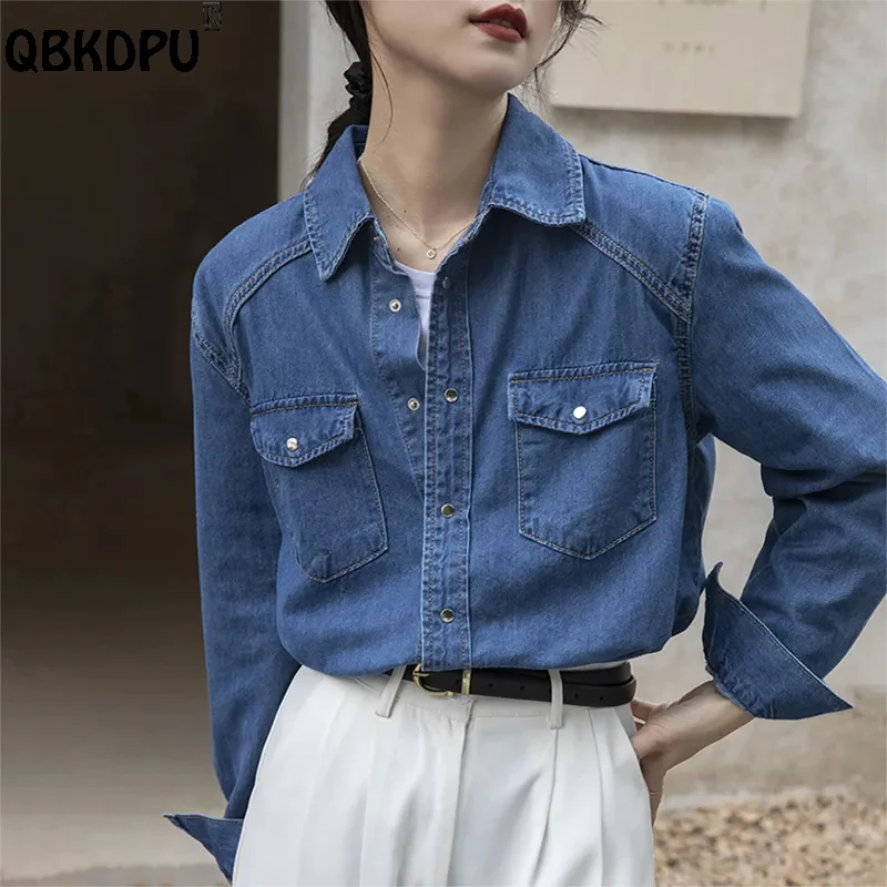 

Women's Denim Blouses Korean Fashion OL Jean Shirts Single Breasted Pocket Blue Blusas Mujer 2023 Spring Fall Casual Clothing