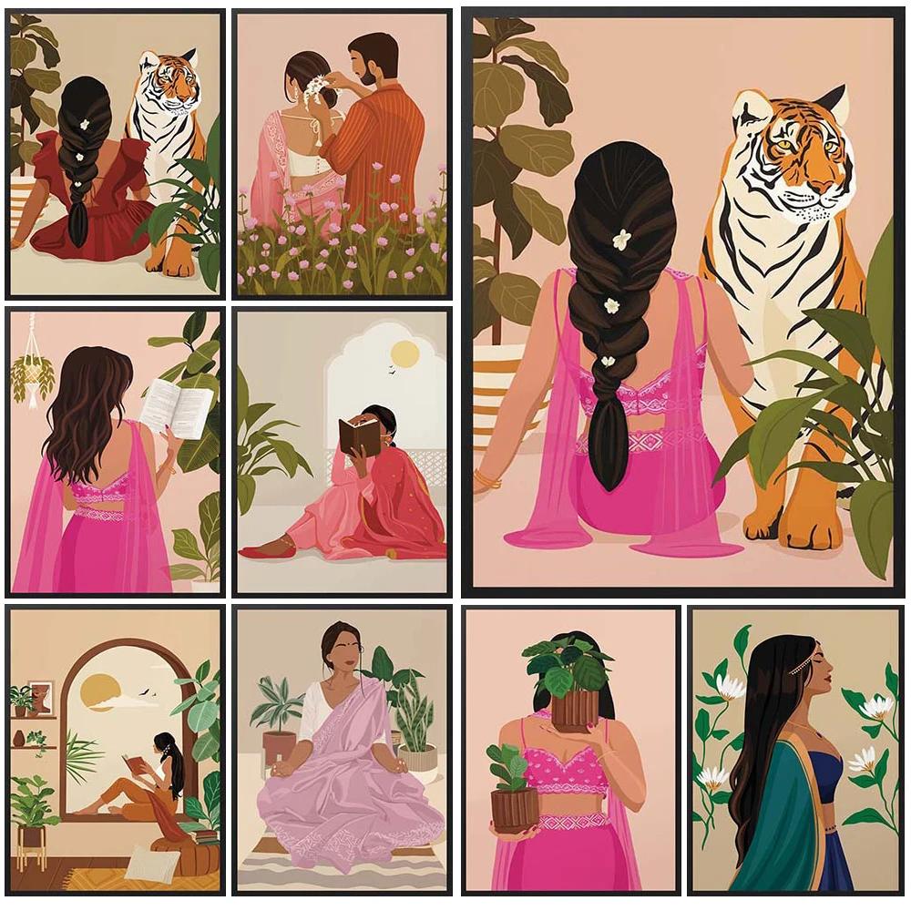 

Indian Women with Tiger In Suit Reading Book Poster Wall Art Canvas Painting Home Decor Wall Pictures For Living Room Unframed