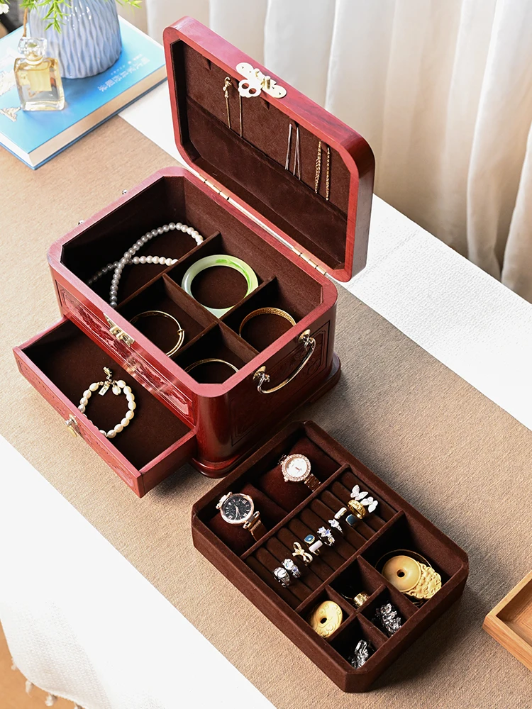 Solid Wood High-End Jewelry Box Red Sandalwood Vintage Gold Jewelry Ring Exquisite Rosewood Storage Box Wedding Gift