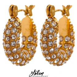 Yhpup Luxury Bling Cubic Zirconia Round Stainless Steel Chunky Huggie Hoop Earrings 18K Gold Color Texture Exquisite Jewelry