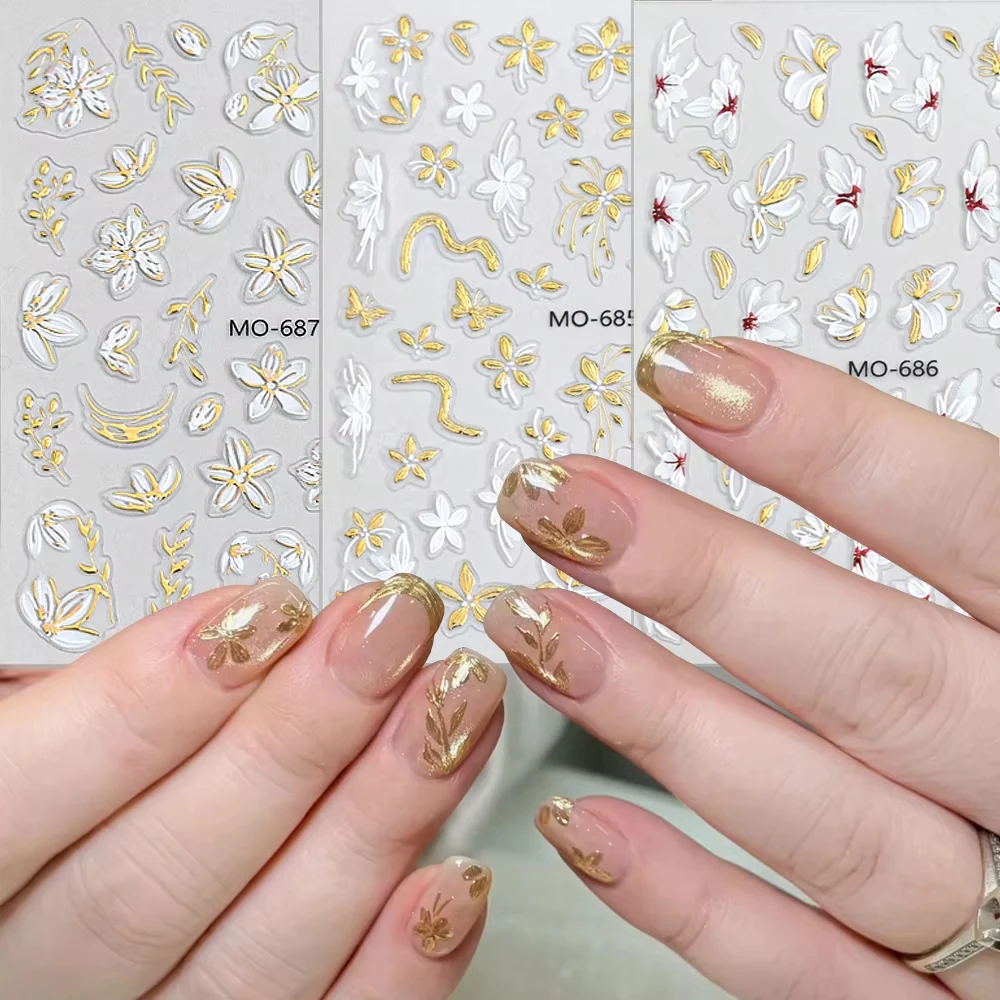 3pcs Gilded Five-Petal Flower Nail Art Decals Set Gold White Hot Stamping Flowers Nail Stickers Retro Bloom Manicure Sliders *&