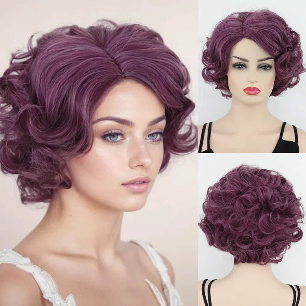 Heat Resistant Synthetic Short Curly Wig for Women Cosplay Bob Wig with Side Swept Bangs Blonde Green Orange Purple Color Wig