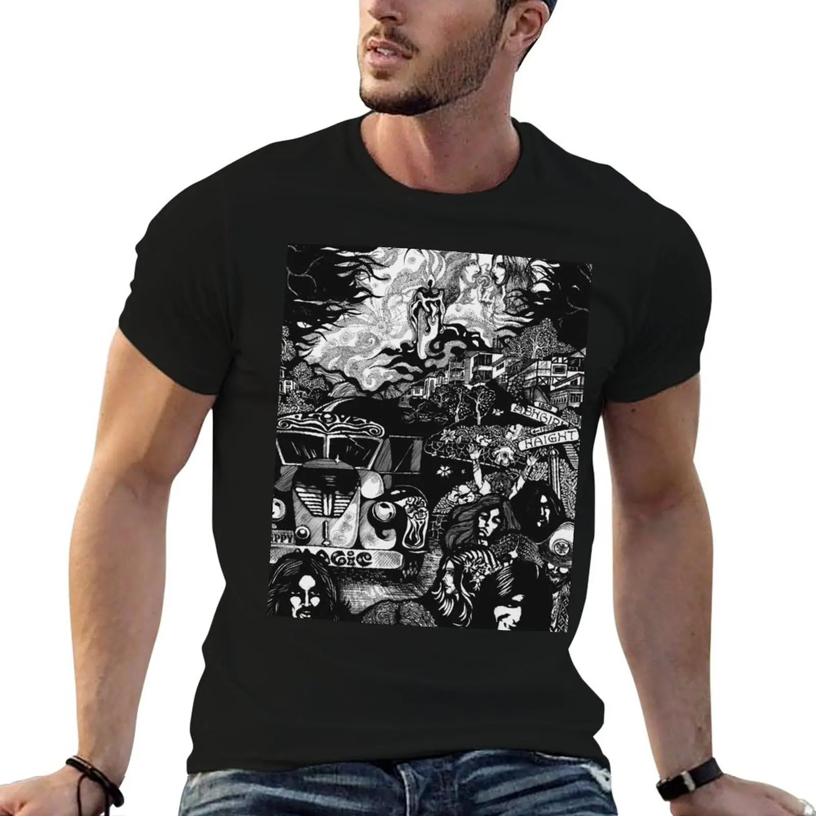Camiseta Haight-Ashbury masculina de algodão 100% preta lisa para homem, pacote de camisetas.
