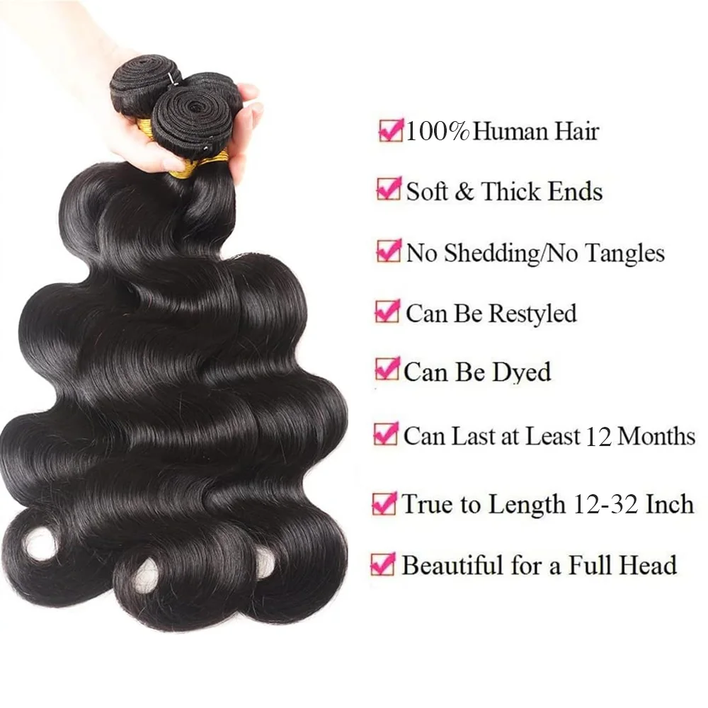 Extensiones de cabello humano ondulado para mujer, mechones con cierre Frontal de encaje 4x4, Color negro Natural, 100% cabello humano, 3 paquetes