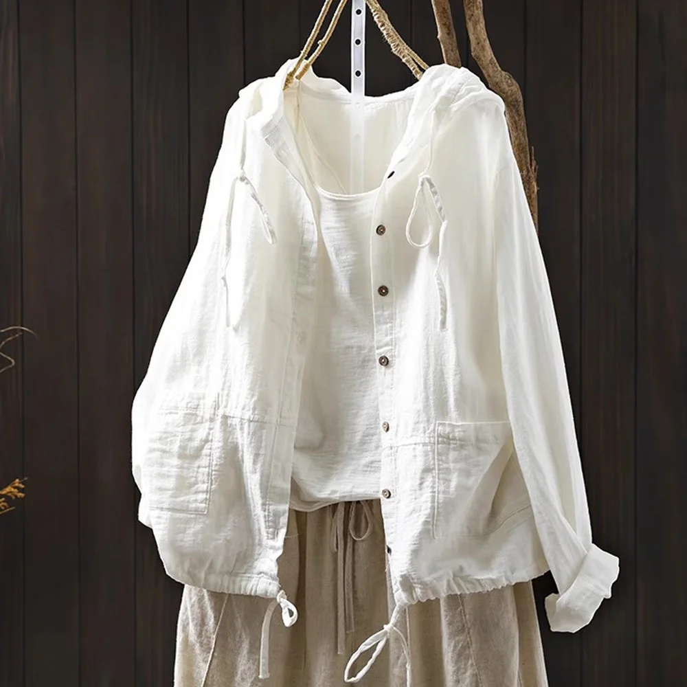 

Enianechu женские повседневные рубашки с капюшоном из 100% хлопчатобумажной пряжи, однотонные блузки с длинными рукавами и карманами, мягкое хлопковое пальто, верхняя одежда