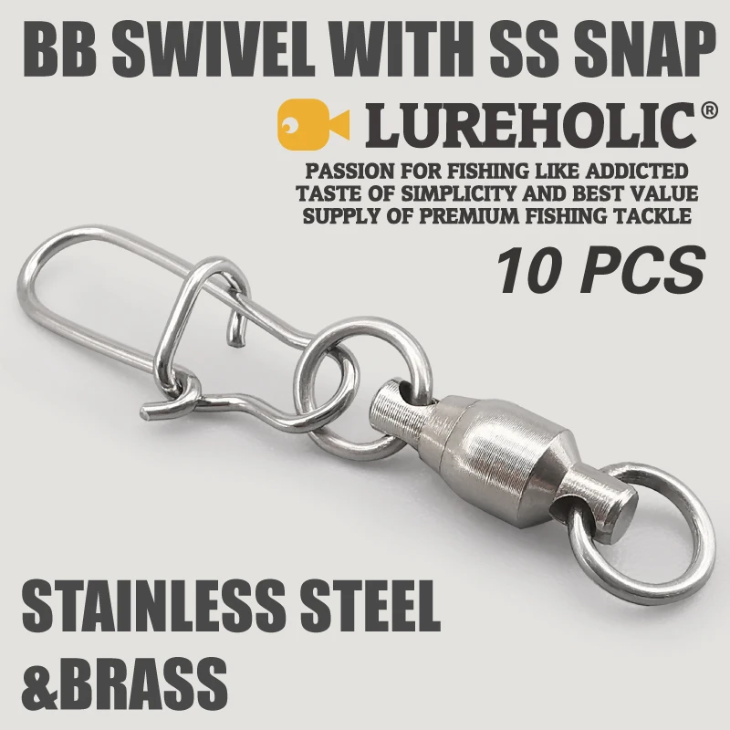 LUREHOLIC 10pcs BB Swivel with SS Snap Super Strong High Speed Rotation Exceptional Capacity of Bearing Stainless Steel & Brass