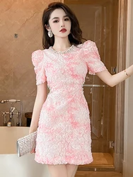 New Lovely Sweet Pink Dresses Women Cute Elegant Petal Mesh Diamond Hollow Cut Out Bodycon Short Gown Femme Party Prom Vestidos