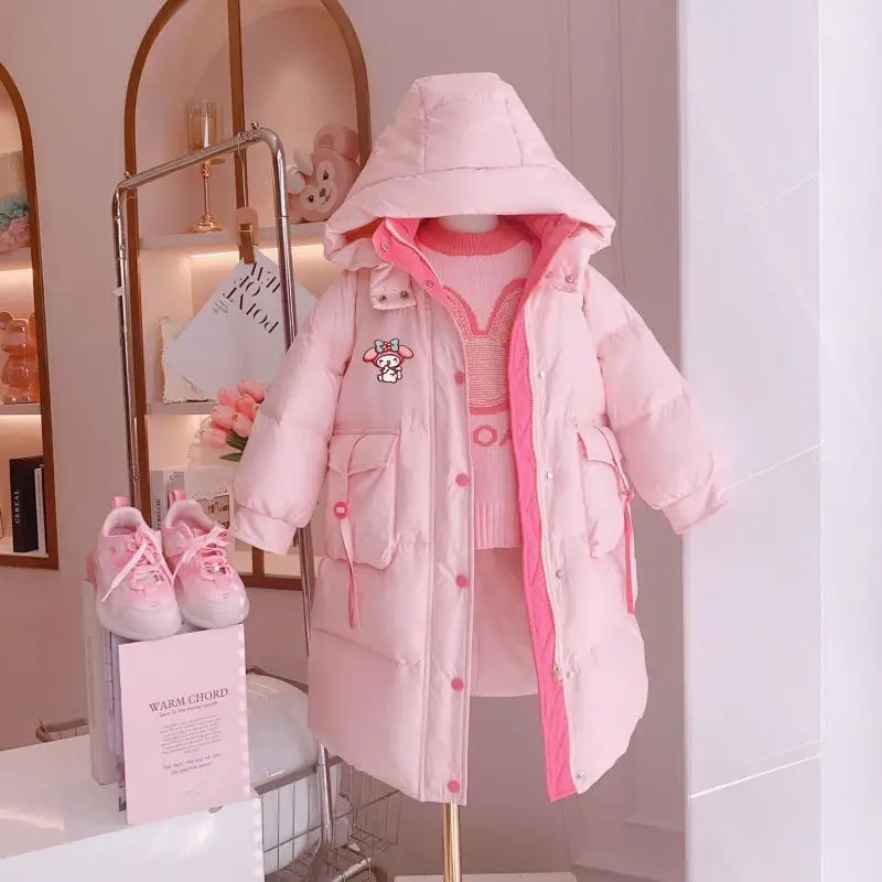 Girls Down Jacket Kawaii Hello Kittys Long Ultra Thick Parkas Sanrios Melody Kids Cotton Padded Jacket Warm Coat Winter Clothes