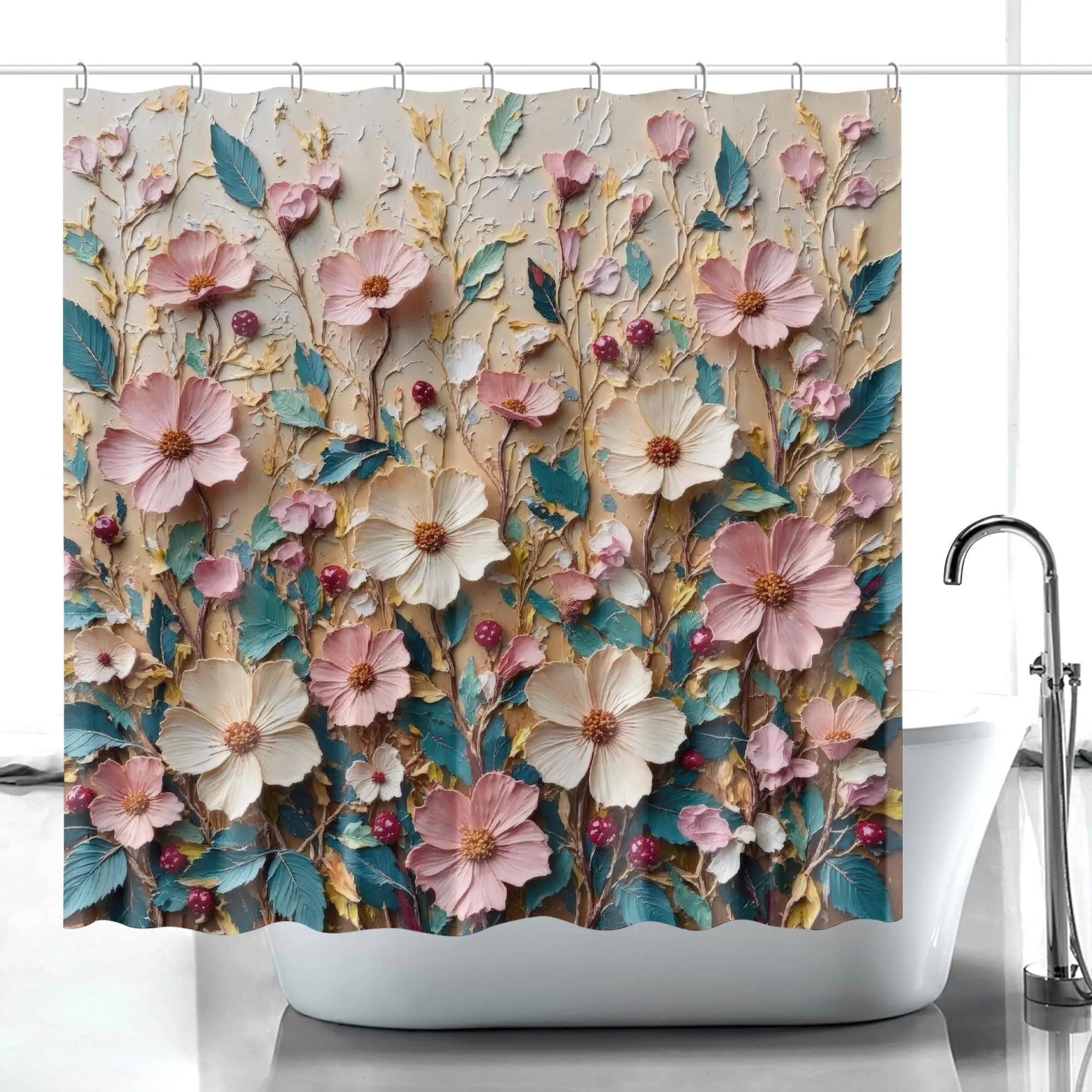 Vintage Floral Garden Shower Curtain Waterproof Bathroom Decor Botanical Art Print for Master Bath