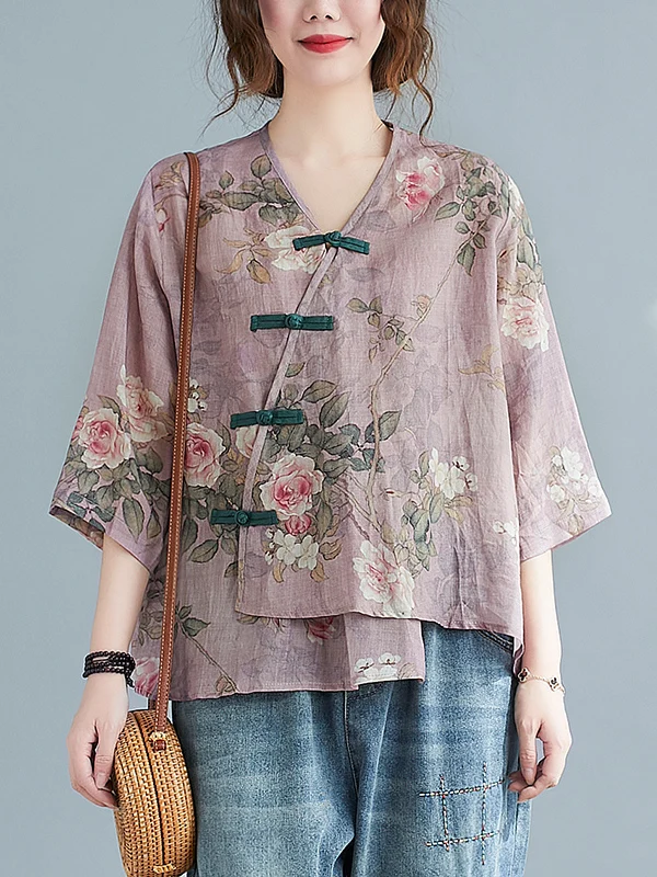 

Retro Artistic Cotton Linen Women's irt Summer Large Size Loose Fit ort Sve V-Ne Printed Top with Button Details