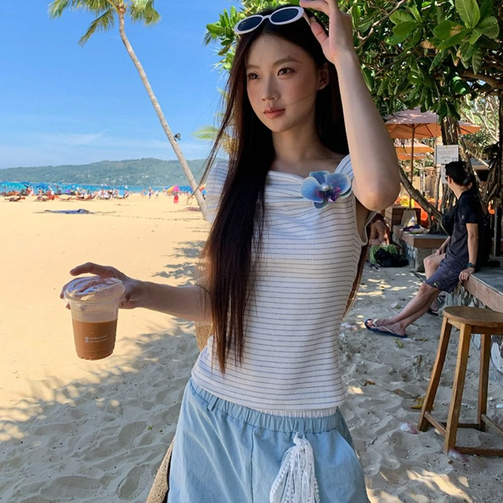 

All-match Stripe Off Shoulder Crop Top Ins Sweet Bohemia T Shirts Slim Fit Female Clothing Bottoming Shirt Women Beachwear
