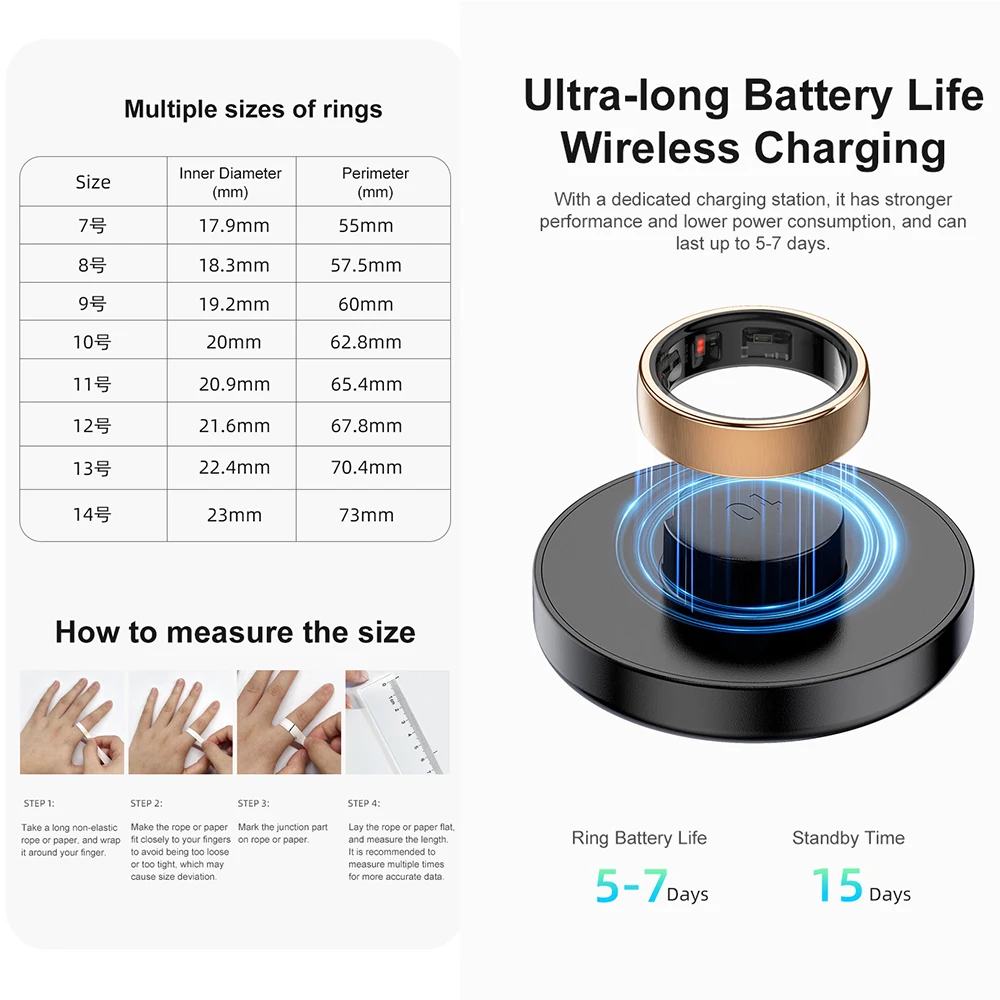 

Умное кольцо R10 с защитой от воды 5ATM, мониторингом сердечного ритма, HRV, уровня кислорода в крови, двойным чипом PD, беспроводной зарядкой и интеллектуальными функциями