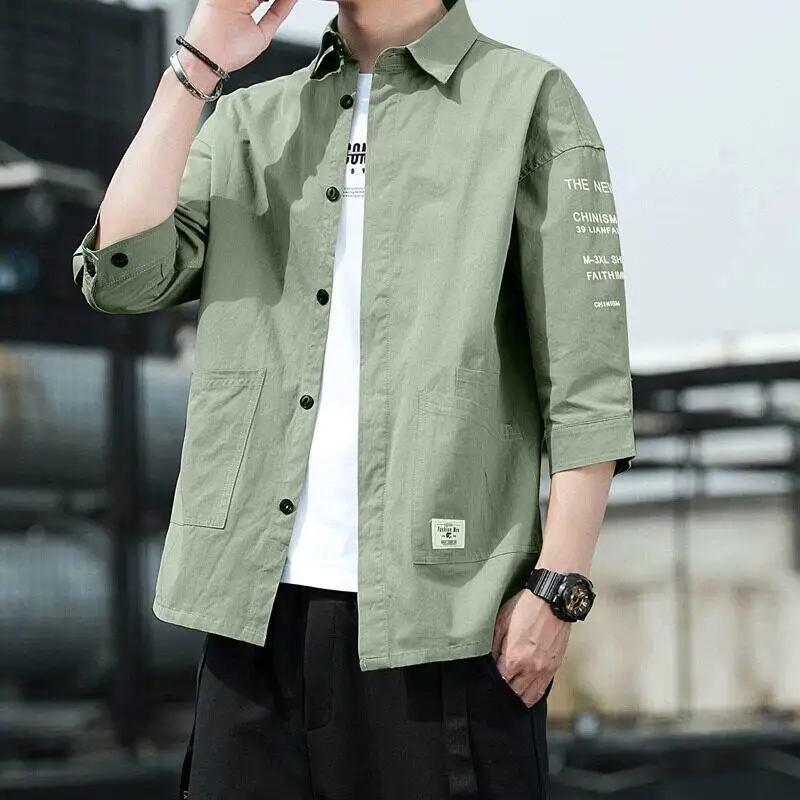 Men's Casual Wear Short Sleeve Shirt Six-Seven Sleeve Length Polyester Fiber Lightweight Comfortable Breathable Summer Workwear