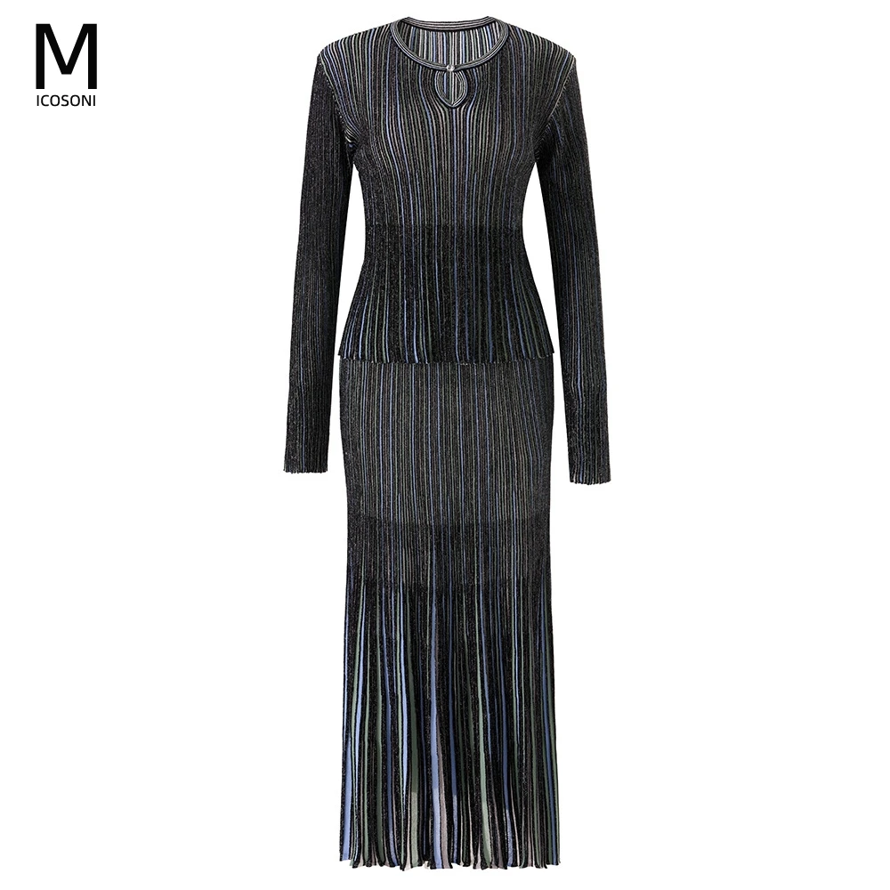 

Micosoni High-Quality Long-Sleeve O-Neck Two Piece Outfits For Woman Pinstripe 2 Piece Set Shiny Thread Knit Skirt Set New S-XL