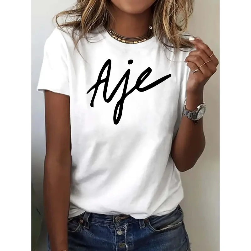 Ms. A Jie Short-Sleeve Crew Neck T-Shirt Handwritten Letter Print Casual Top Comfortable Year-Round Simple Fashion T-Shirt