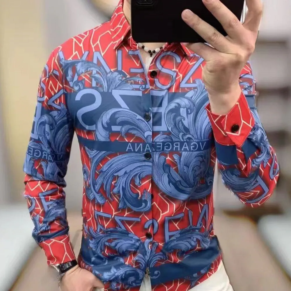 Casual Letter Print Business Dress Shirt Social Party Tuxedo Chemise Homme Retro Shirt Long Sleeve Plant Flower Shirts For Men