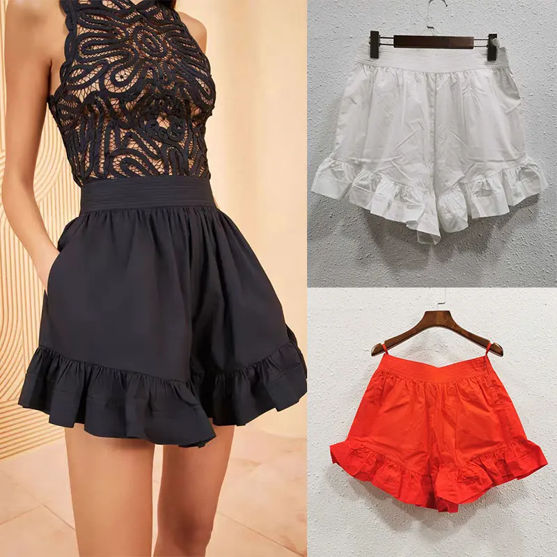 

Women White 100% Cotton Ruffle Hem Shorts Elastic High Waist Casual Loose short pants