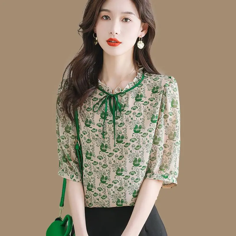 

Thin Chiffon Mid-Sve Top Women Summer Floral Lace Collar ort Loose Belly Covering Summer Outfit Skirt Matching Loose Fit