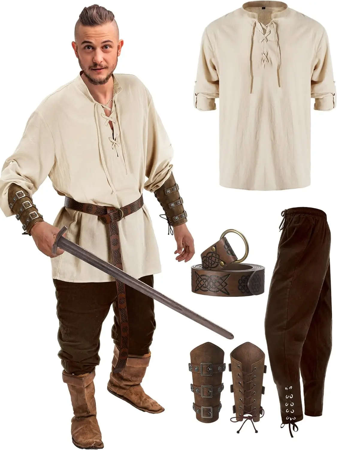 Jiuguva 4 Pcs Halloween Men\'s Renaissance Costume Set Medieval Pirate Shirt Ankle Banded Pants Viking Belt Accessories