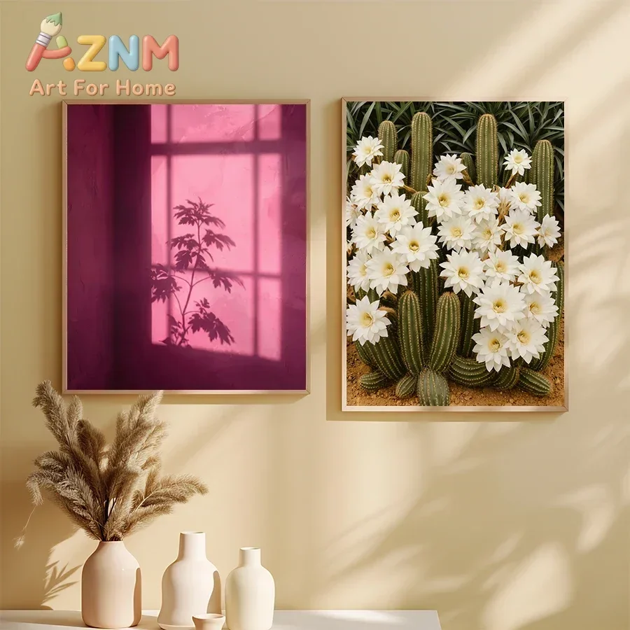 AZNM White Cactus Flower Canvas Wall Art Pink Window Plant Shadow Botanical Art Print Unframed Canvas Poster for Home Decor