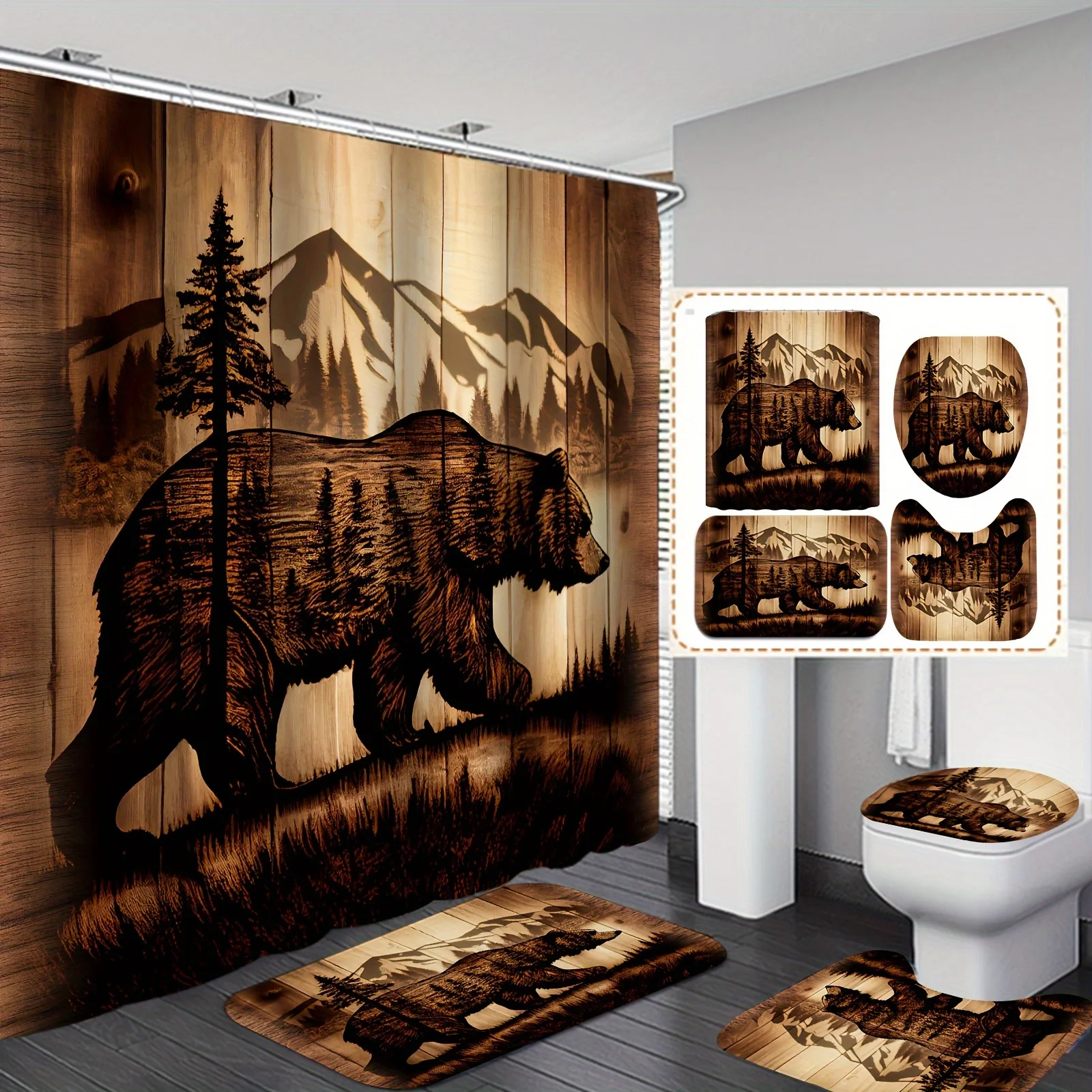 

Набор из 4 предметов для ванной комнаты Rustic Bear: занавеска для душа, коврик для ванной, крышка унитаза и крышка бачка — домашний декор в пустыне