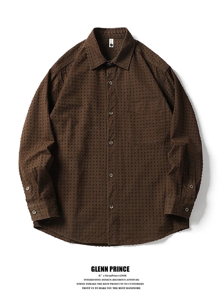 

Мужская рубашка с длинным рукавом в стиле ретро с текстурой, GPstudio, с дизайнерскими прорезями, в непринужденном стиле, для повседневной носки, хлопковая, осенняя новинка, на пуговицах, в виде пальто