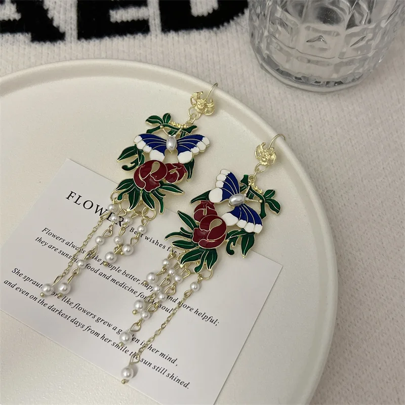 Vintage Heavy Industry Enamel Butterfly Earrings for Women Court Style Drip Oil Pearl Flower Tassel Earrings Party Jewelry Gifts