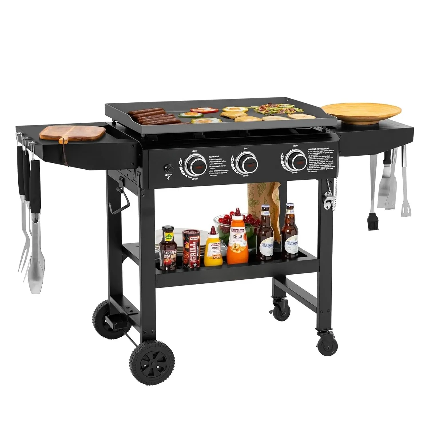 28 Inch 3 Burner Propane Gas Griddle Foldable Side Shelves 492sq.in Cooking Surface Camping Tailgating Outdoor Cooker