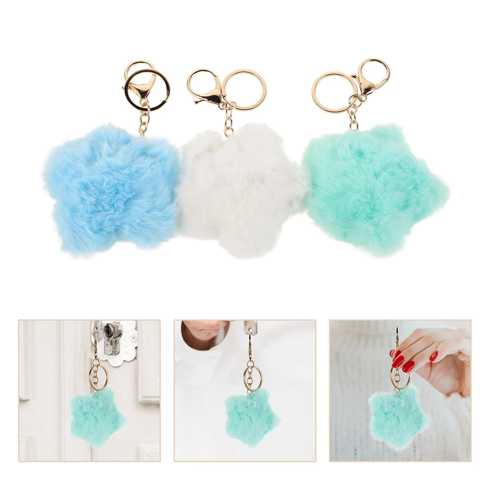 

3Pcs Kawaii Star Keychain Soft Pompom Pendant for Backpack Handbag Purse Decor Cute Charm Key Ring Fashion Accessory for Girls