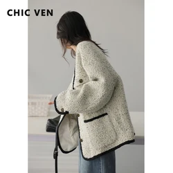 CHIC VEN Fashion Women's Wool Coat Single Breasted Vintage Jacket V-Neck Office Lady Overcoat Female Tops Spring Autumn 2023