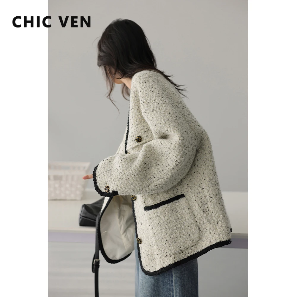 CHIC VEN Fashion Women's Wool Coat Single Breasted Vintage Jacket V-Neck Office Lady Overcoat Female Tops Spring Autumn 2023